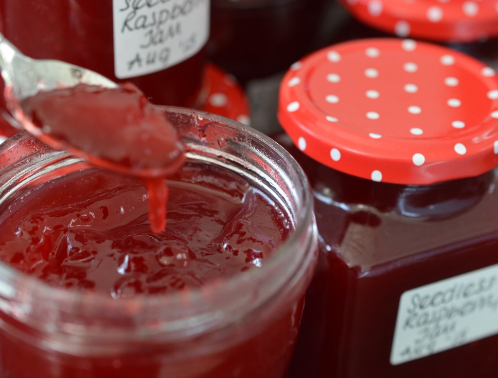 Seedless raspberry Jam on spoon